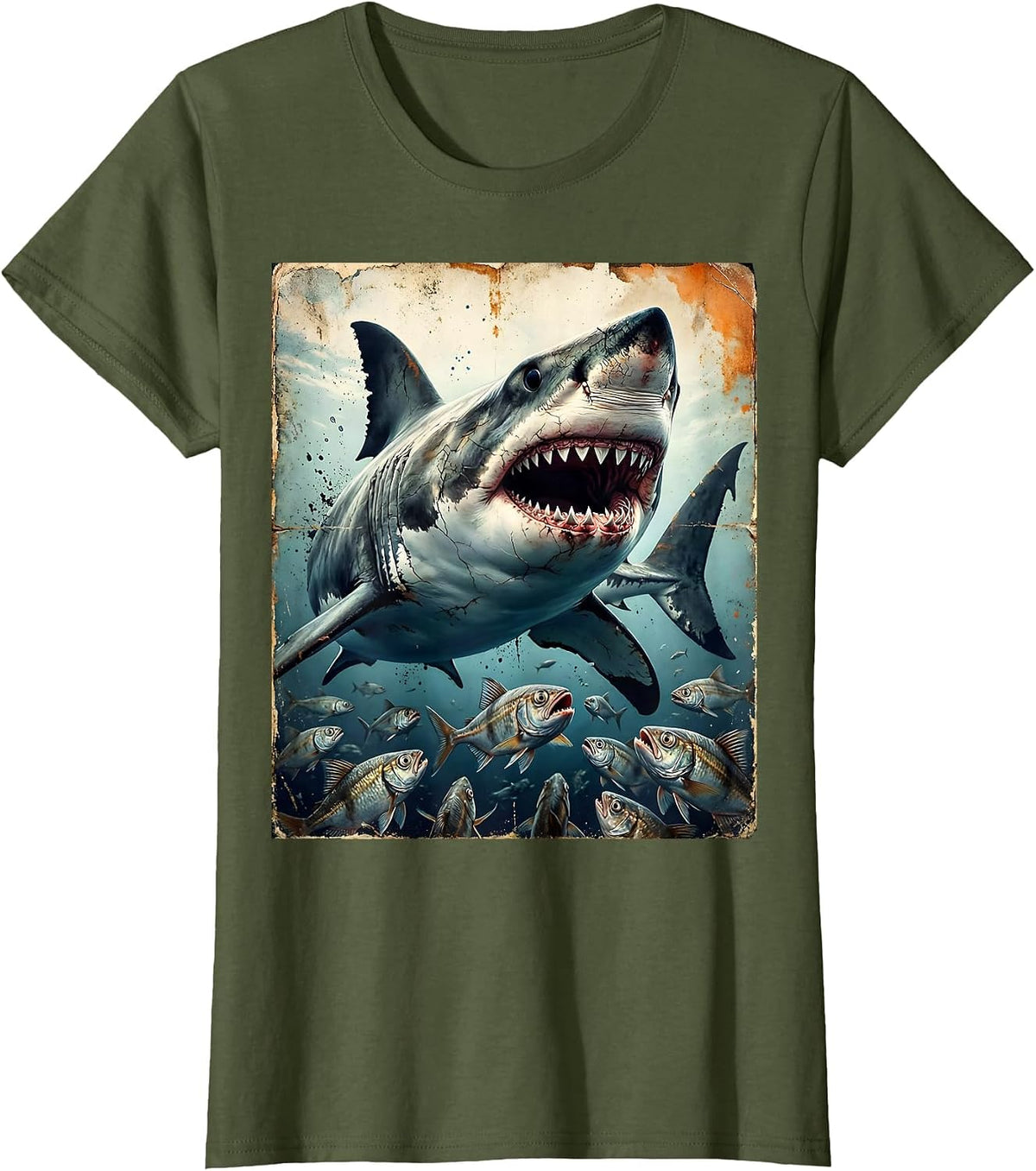 Women's Friendly Shark Waving at Tiny Fish Illustration T-Shirt - Olive Green