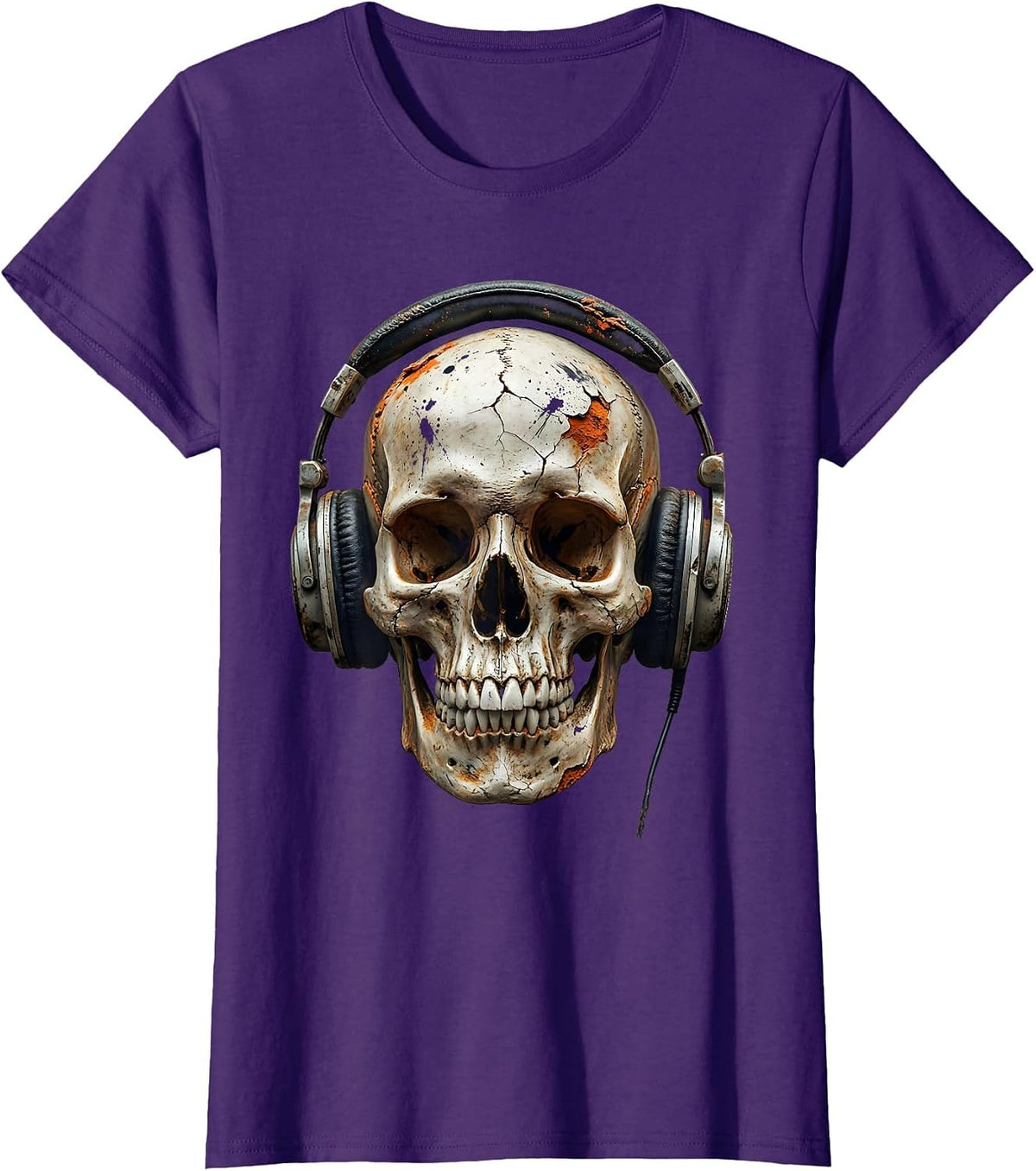Women's Skull Vintage Headphones Rock and Roll Graphic T-Shirt - Purple