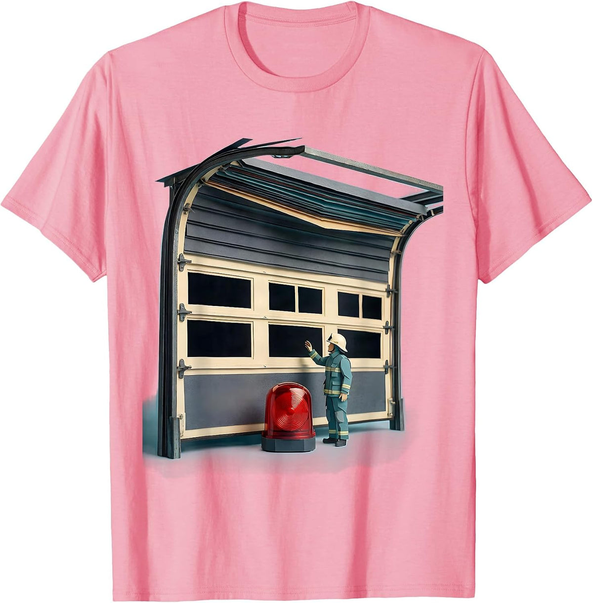 Men's Oversized Garage Door Firefighter Humor Novelty Gift T-Shirt - Pink