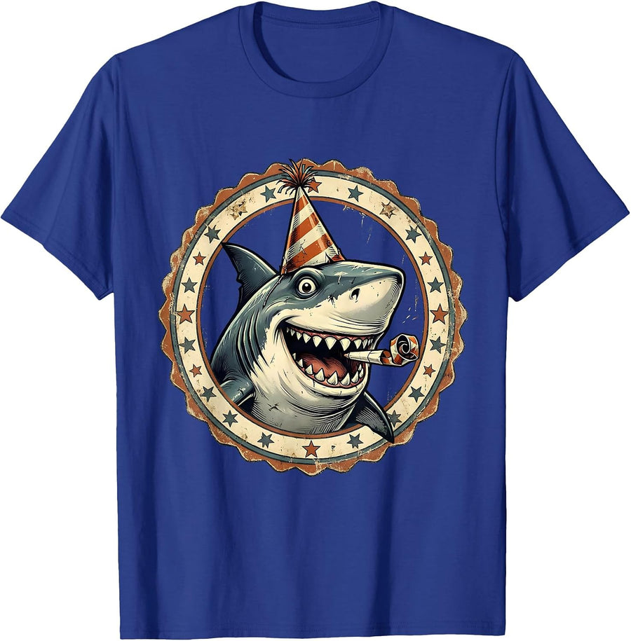 Funny Party Shark Celebration Graphic T-Shirt - Royal Blue