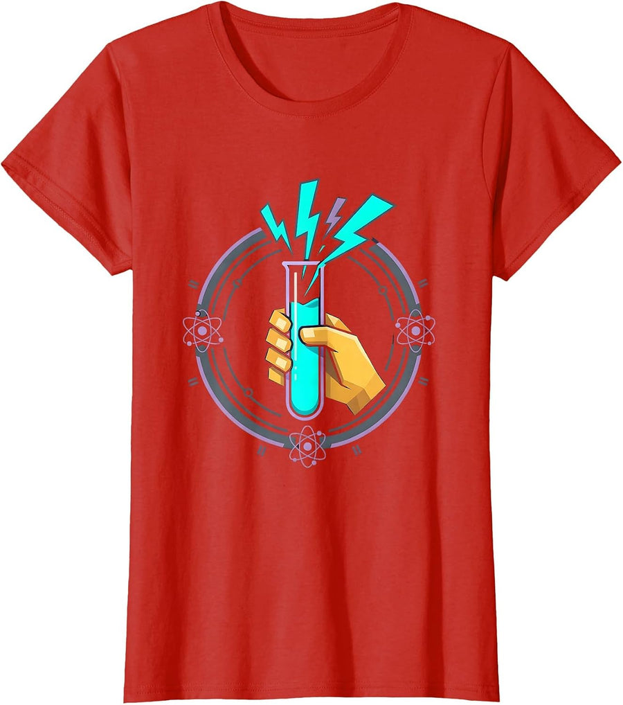 Women's Neon Teacher Science Test Tube Graphic T-Shirt - Red