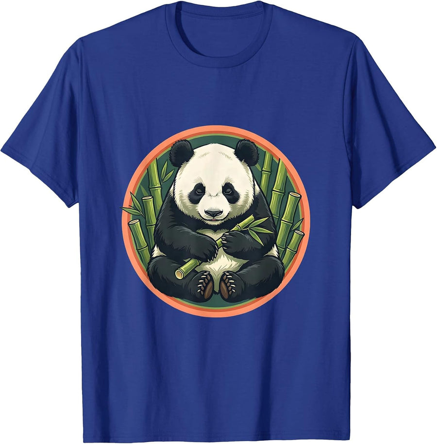 Sleepy Panda Eating Bamboo Funny Animal Design T-Shirt - Royal Blue