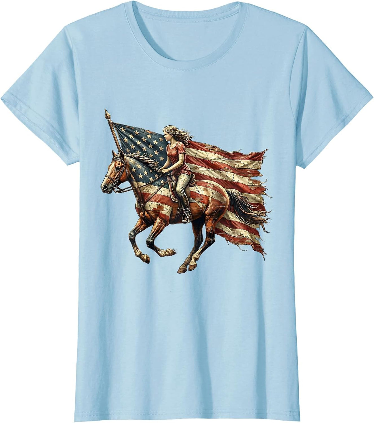 Patriotic Horseback Rider with Streaming Flag T-Shirt - Baby Blue