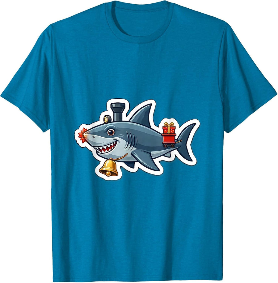 Shark Train Engine Christmas Badge Funny Shark Lover Gift T-Shirt - Sapphire Blue