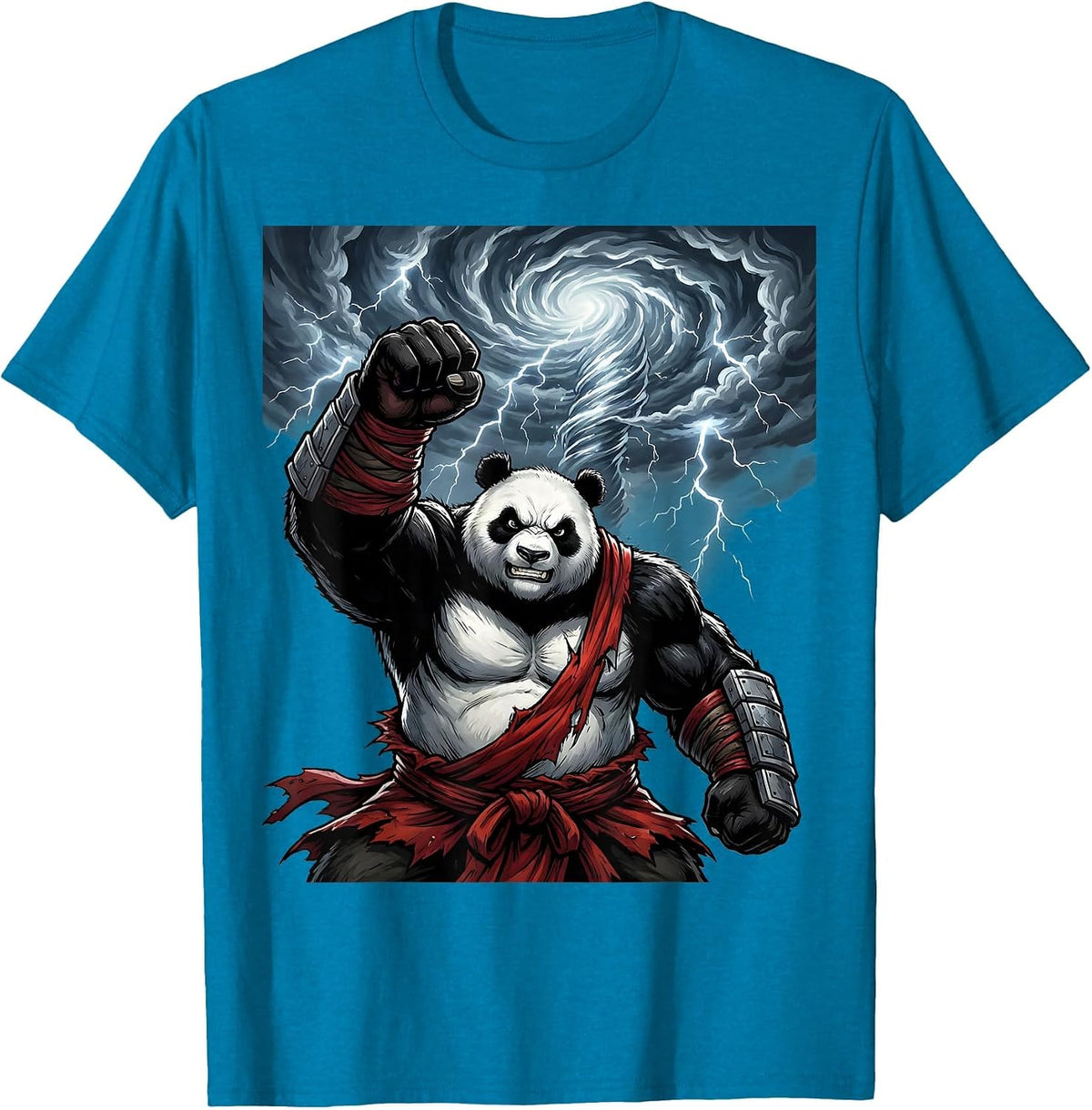 Panda Warrior Raising Fist in Storm T-Shirt - Sapphire Blue