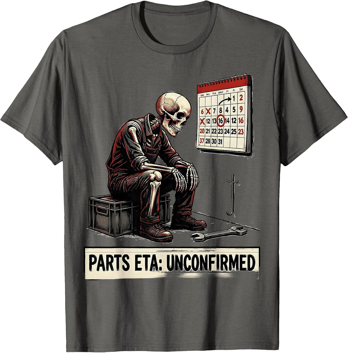 Men's Parts ETA: Unconfirmed Funny Skeleton Mechanic Auto Repair T-Shirt - Asphalt Grey