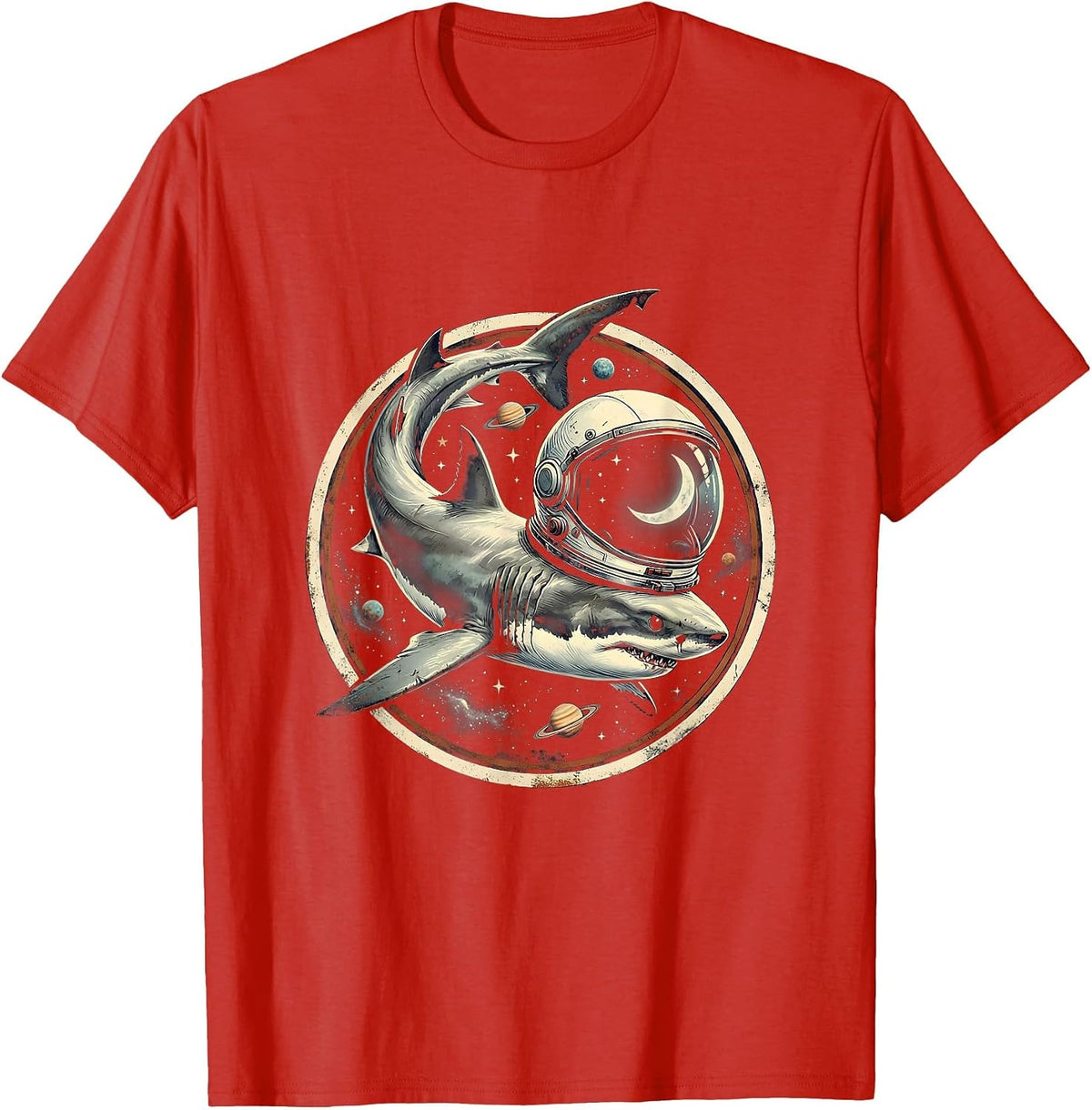 Men's Shark Astronaut Floating Through Outer Space T-Shirt - Red