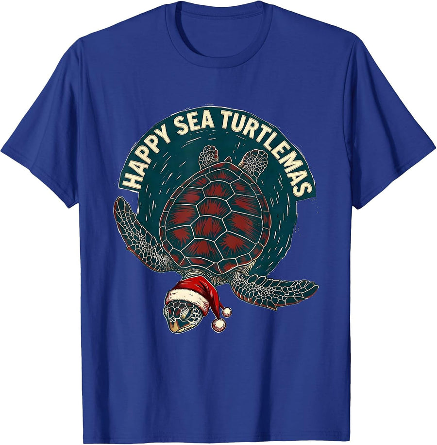 Happy Sea Turtlemas Linocut Cute Sea Turtle Lover Christmas T-Shirt - Royal Blue