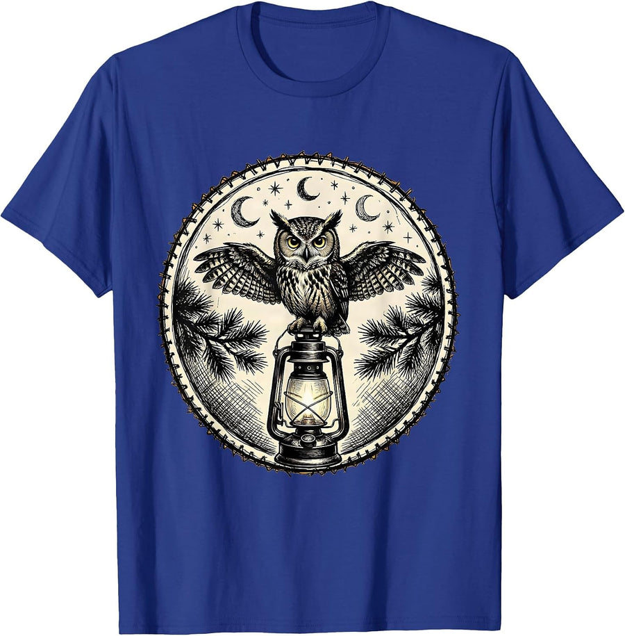 Owl on Lantern Camping Night Illustration T-Shirt - Royal Blue