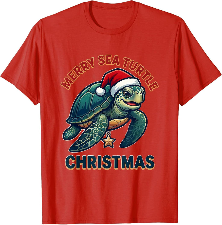 Men's Merry Sea Turtle Christmas Whimsical Sea Turtle Lover T-Shirt - Red