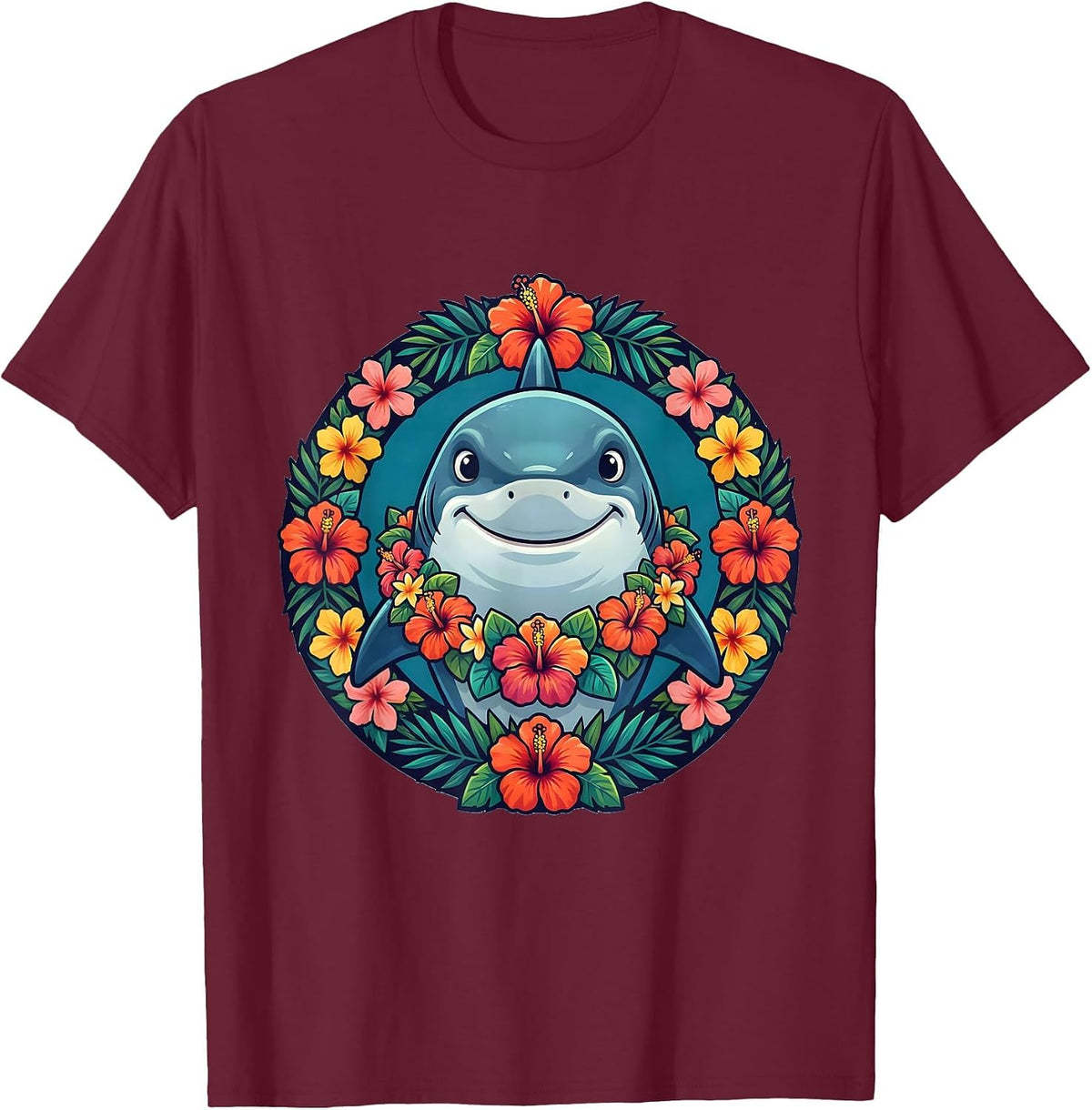 Men's Cute Shark Floral Lei Hawaiian Graphic Tee T-Shirt - Burgundy