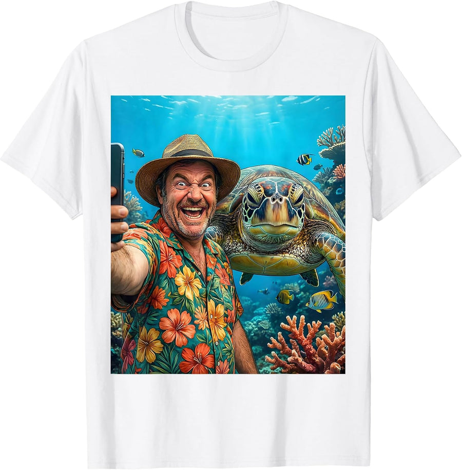 Funny Hawaiian Selfie With Sea Turtle Graphic T-Shirt - White