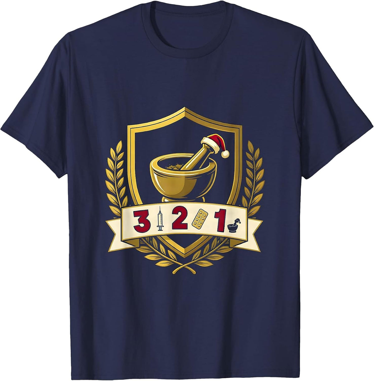 Men's 3 Flu Shots, 2 Unit-Dose Trays, 1 Santa Hat Mortar Pharmacy T-Shirt - Navy Blue