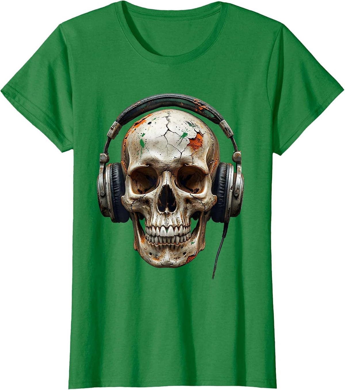 Women's Skull Vintage Headphones Rock and Roll Graphic T-Shirt - Kelly Green