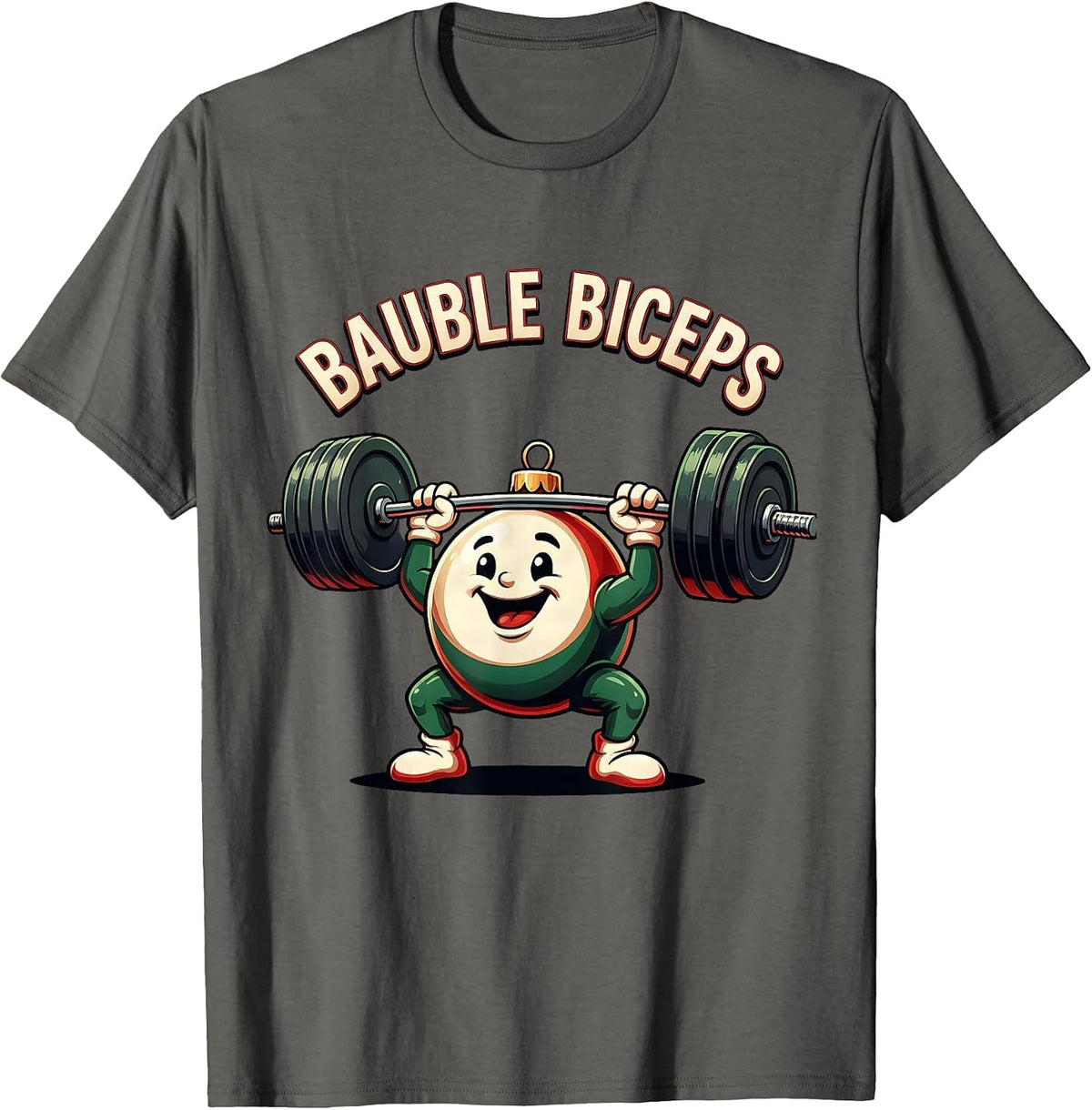 Men's Bauble Biceps Funny Christmas Gym Weightlifting Workout Gift T-Shirt - Asphalt Grey