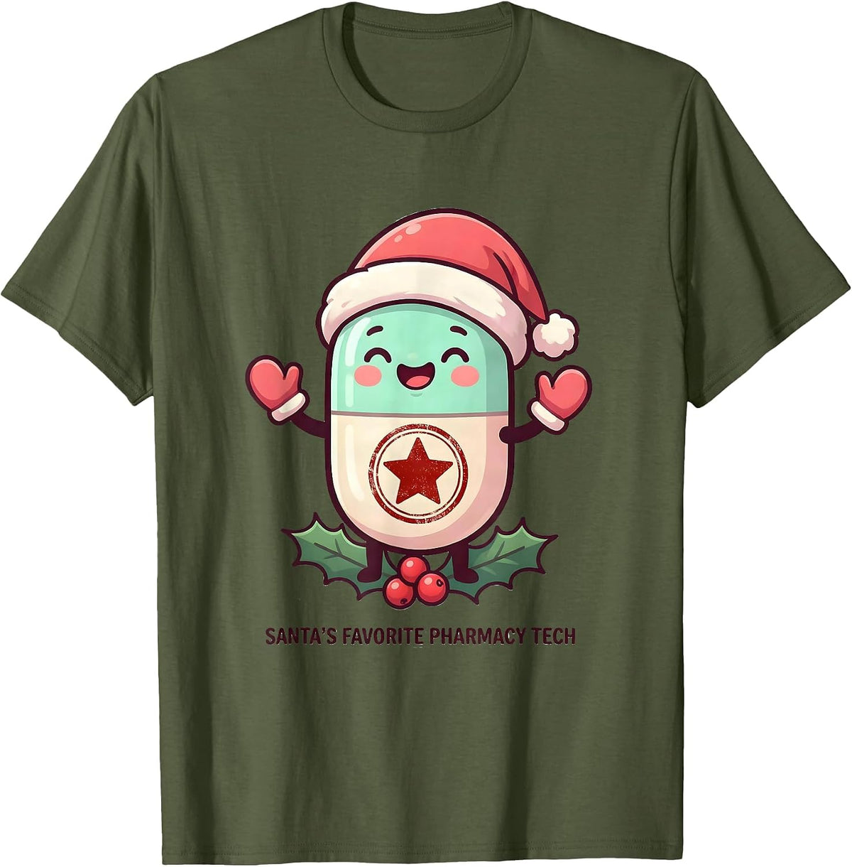 Santa's Favorite Pharmacy Tech Cute Kawaii Christmas T-Shirt - Olive Green