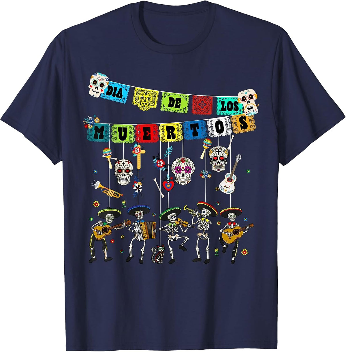 Dia De Los Muertos Day of the Dead Funny Skull Dancing T-Shirt - Navy Blue