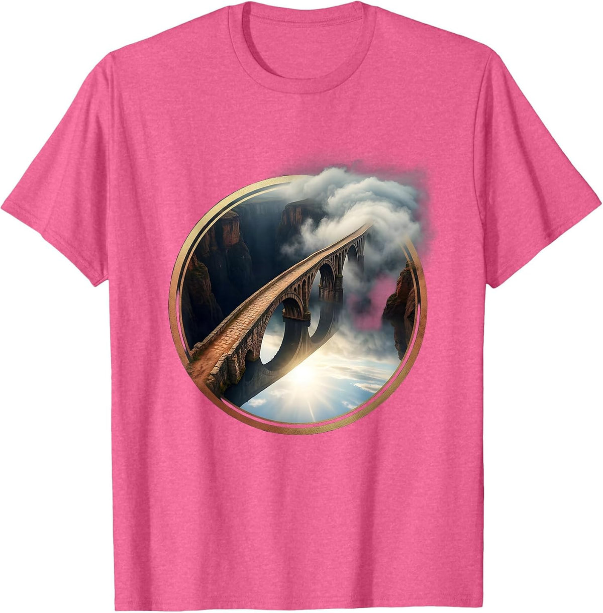 Bridge Over Dark Canyon Emerging From Fog T-Shirt - Pink Heather