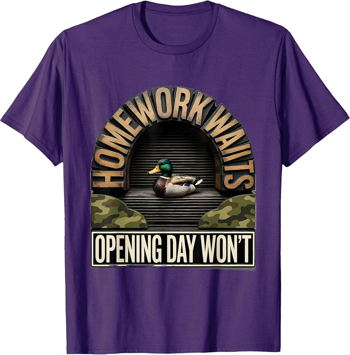 Men's Homework Waits, Opening Day Won't Funny Duck Hunting Camo T-Shirt - Purple