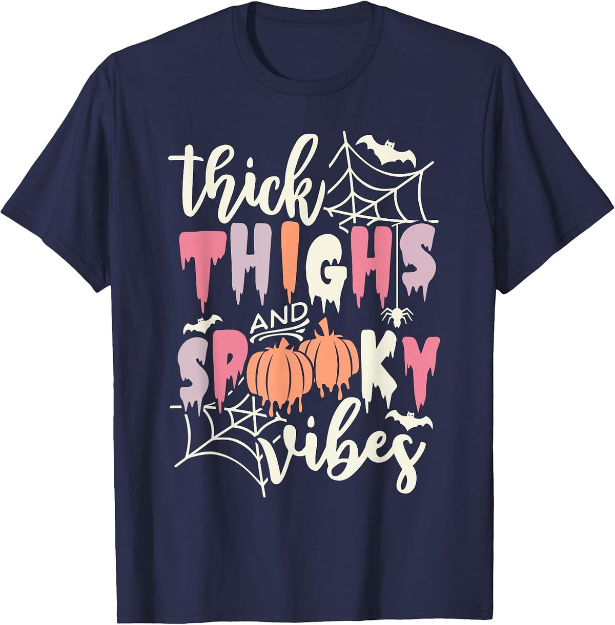 Thick Thighs and Spooky Vibes Retro Groovy Halloween Pumpkin T-Shirt - Navy Blue