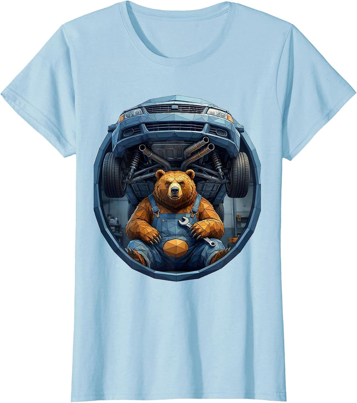 Bear Mechanic Under Lifted Car Graphic Tee T-Shirt - Baby Blue