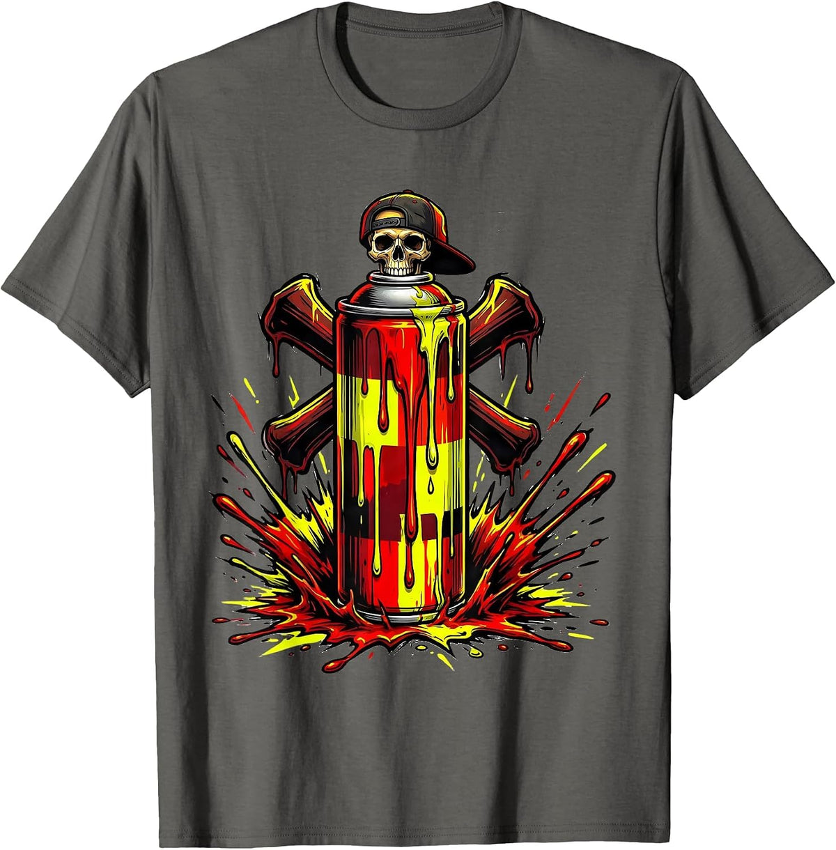Punk Rock Dripping Spray Paint Can Skull Cap T-Shirt - Asphalt Grey