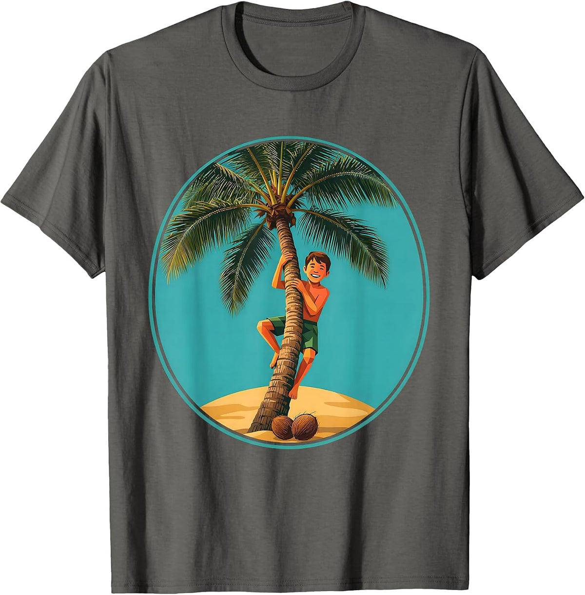 Hawaiian Boy Climbing Palm Tree Graphic T-Shirt - Asphalt Grey