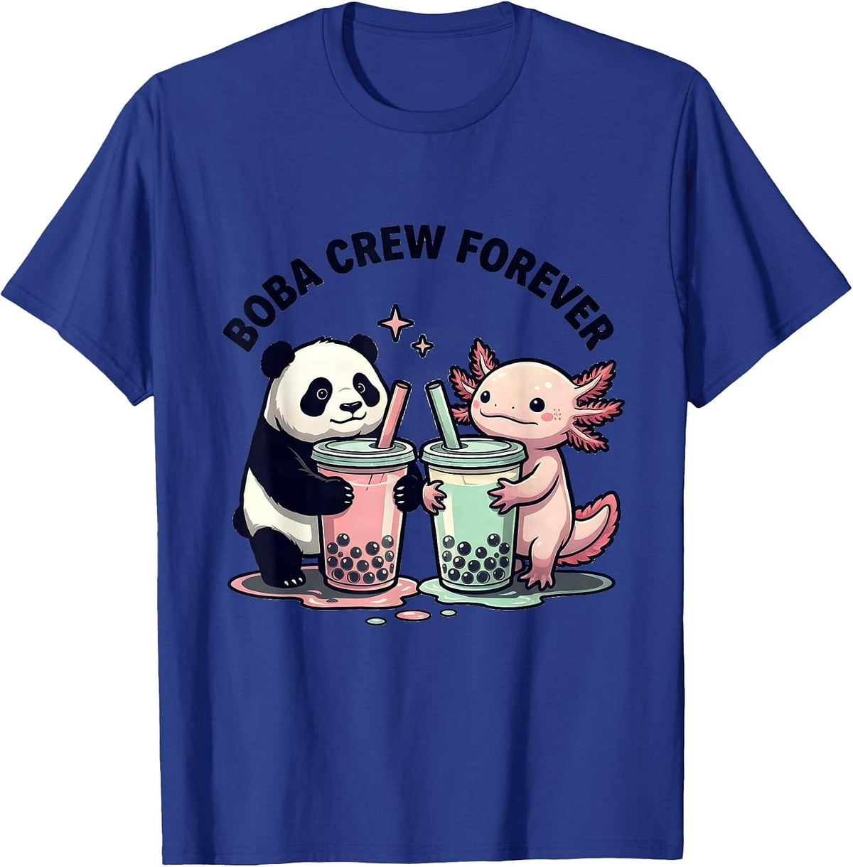 Boba Crew Forever Cute Kawaii Panda and Axolotl Boba Tea T-Shirt - Royal Blue