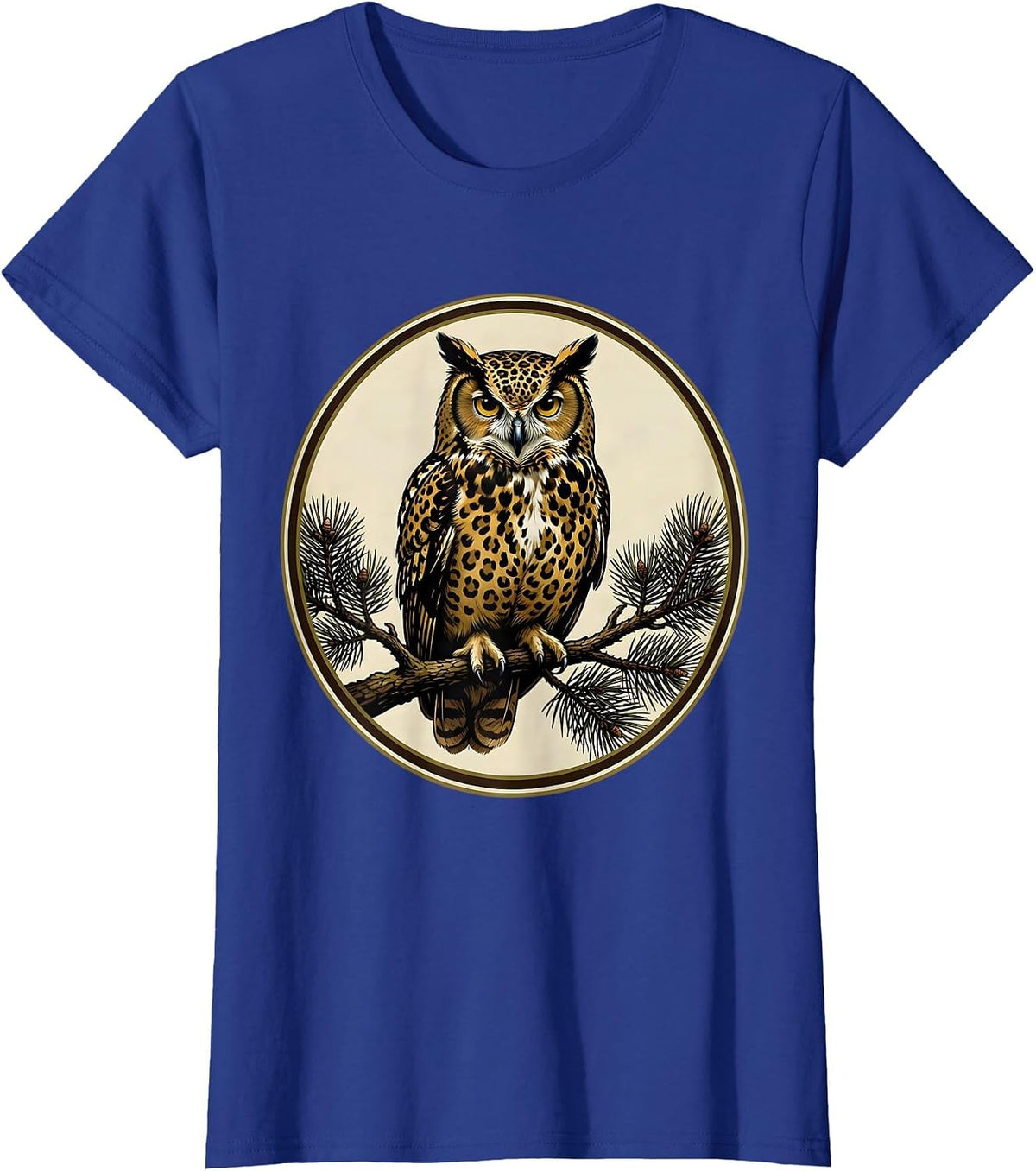 Women's Camo Owl Perched on Pine Branch Design T-Shirt - Royal Blue