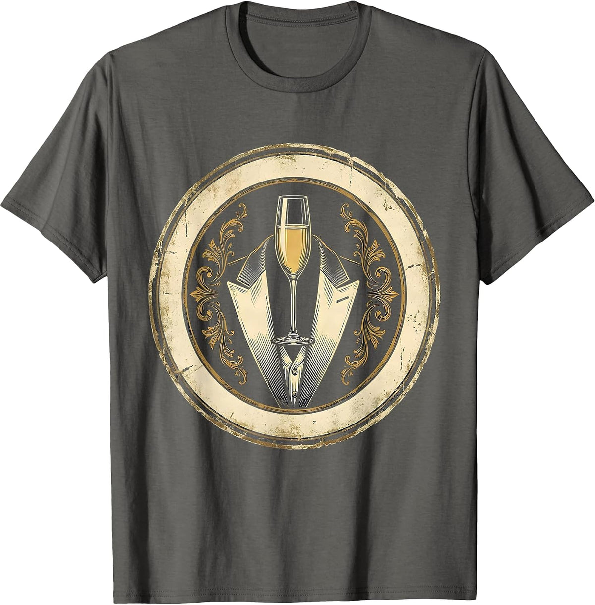 Champagne Glass on Tuxedo Lapel Graphic T-Shirt - Asphalt Grey