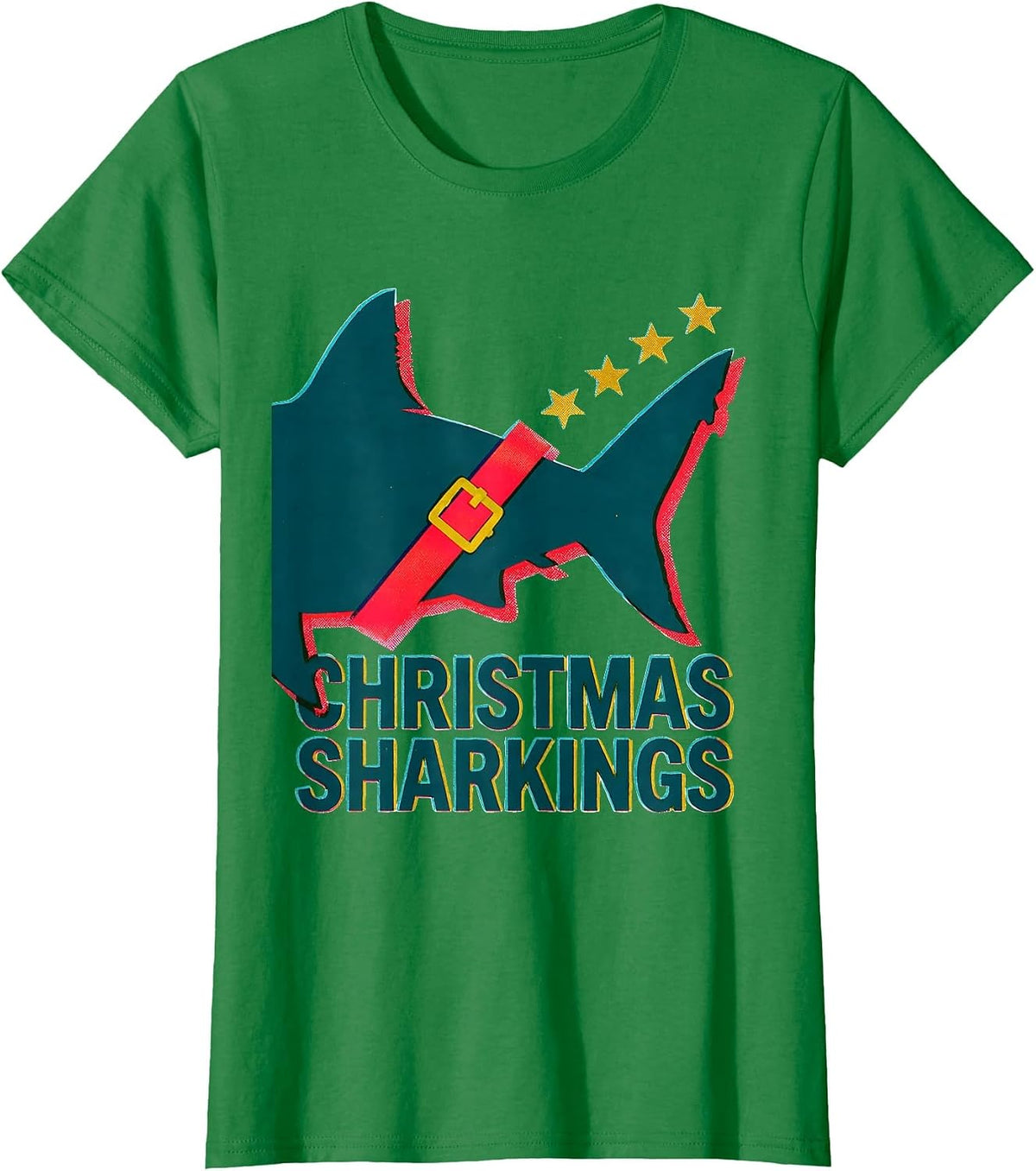 Women's Christmas Sharkings Risograph Shark Lover Funny Christmas T-Shirt - Kelly Green