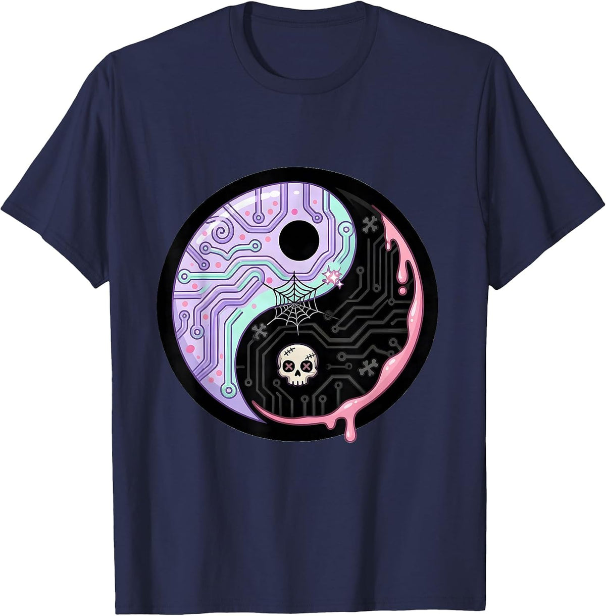 Y2K Circuit Board Yin Yang Graphic Tee T-Shirt - Navy Blue