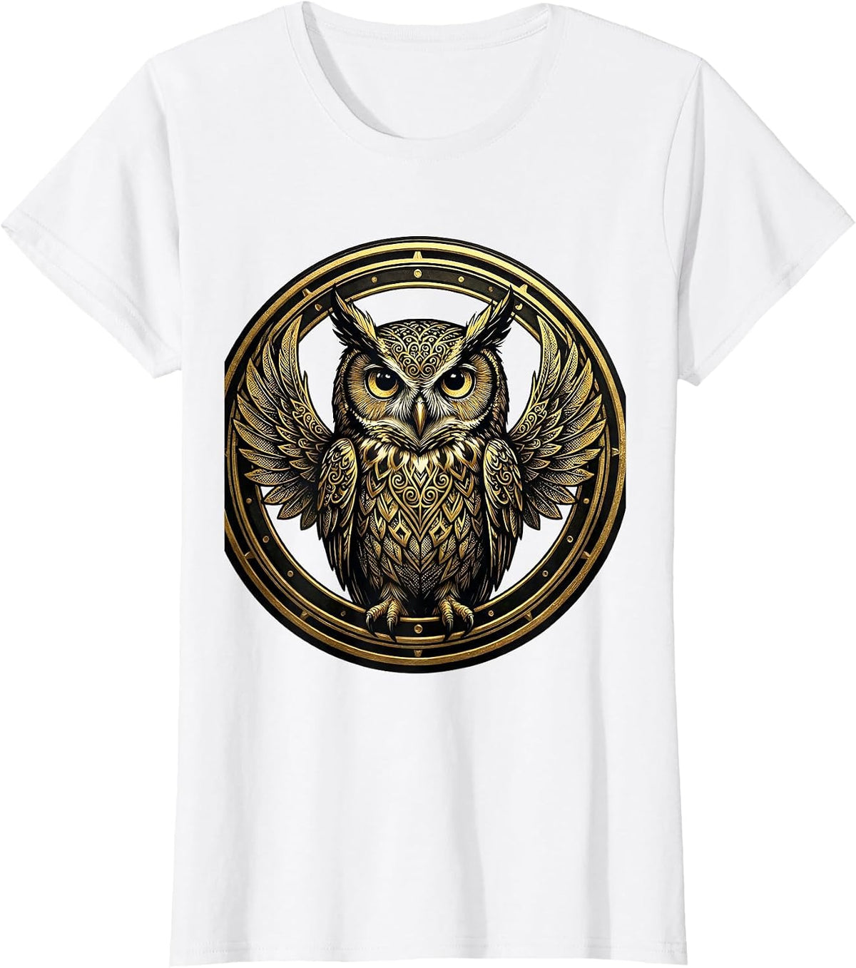 Women's Black Owl Gold Filigree Art Design T-Shirt - White