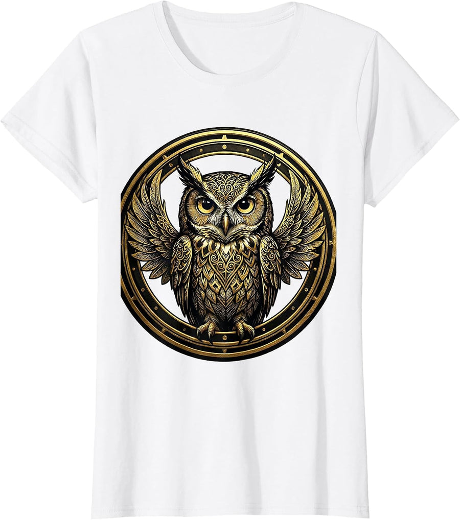 Women's Black Owl Gold Filigree Art Design T-Shirt - White