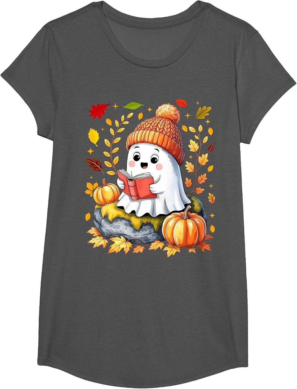 Cute Drinking Coffee Halloween Ghost Ice Womens T-Shirt - Girls Asphalt Grey