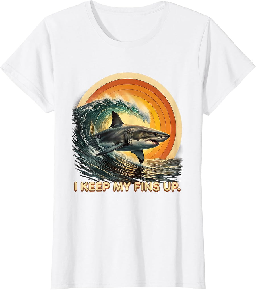Women's I Keep My Fins Up Retro 70s Funny Shark Lover Ocean Humor T-Shirt - White