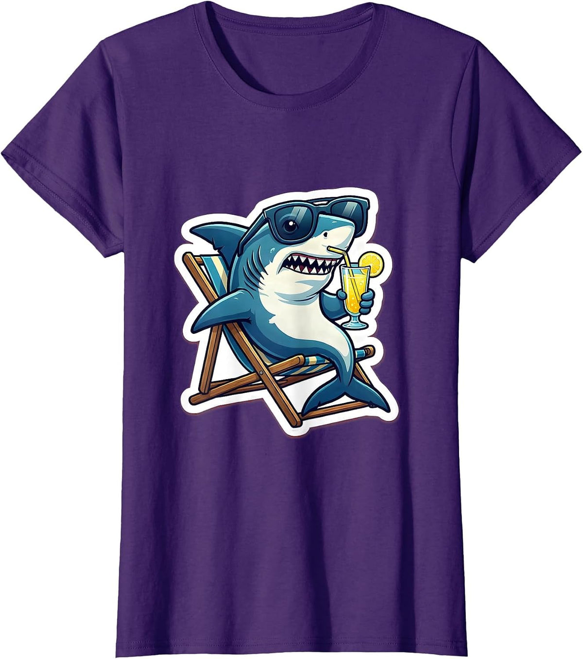 Women's Daddy Shark Relaxing in Lawn Chair with Lemonade T-Shirt - Purple