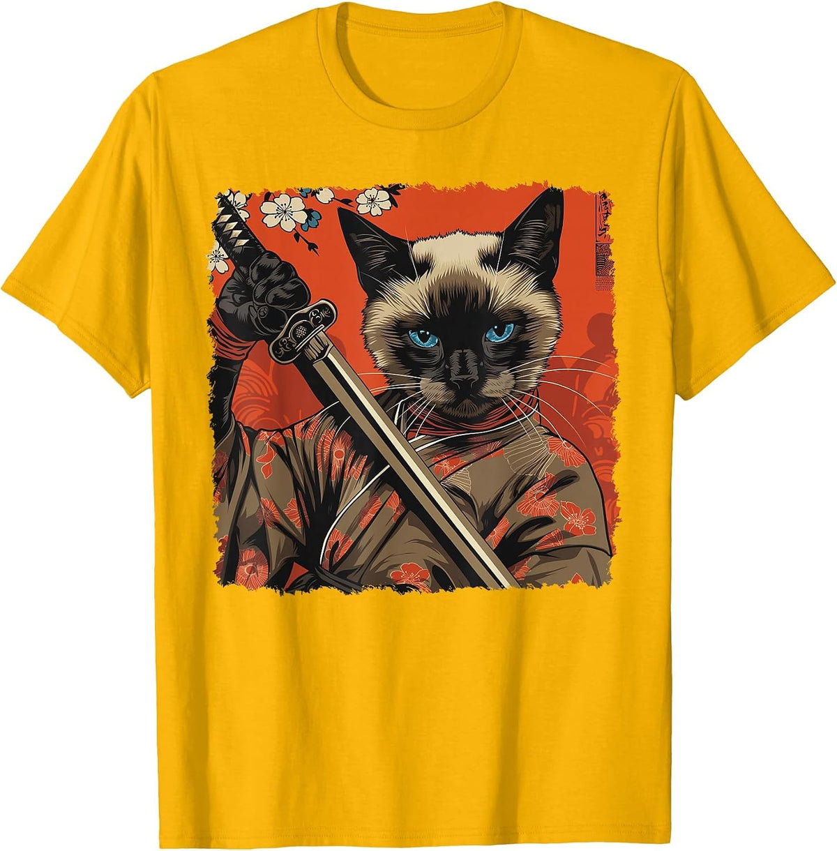 Siamese Cat Japanese Art Samurai Ukiyo-e Vintage T-Shirt - Golden Yellow