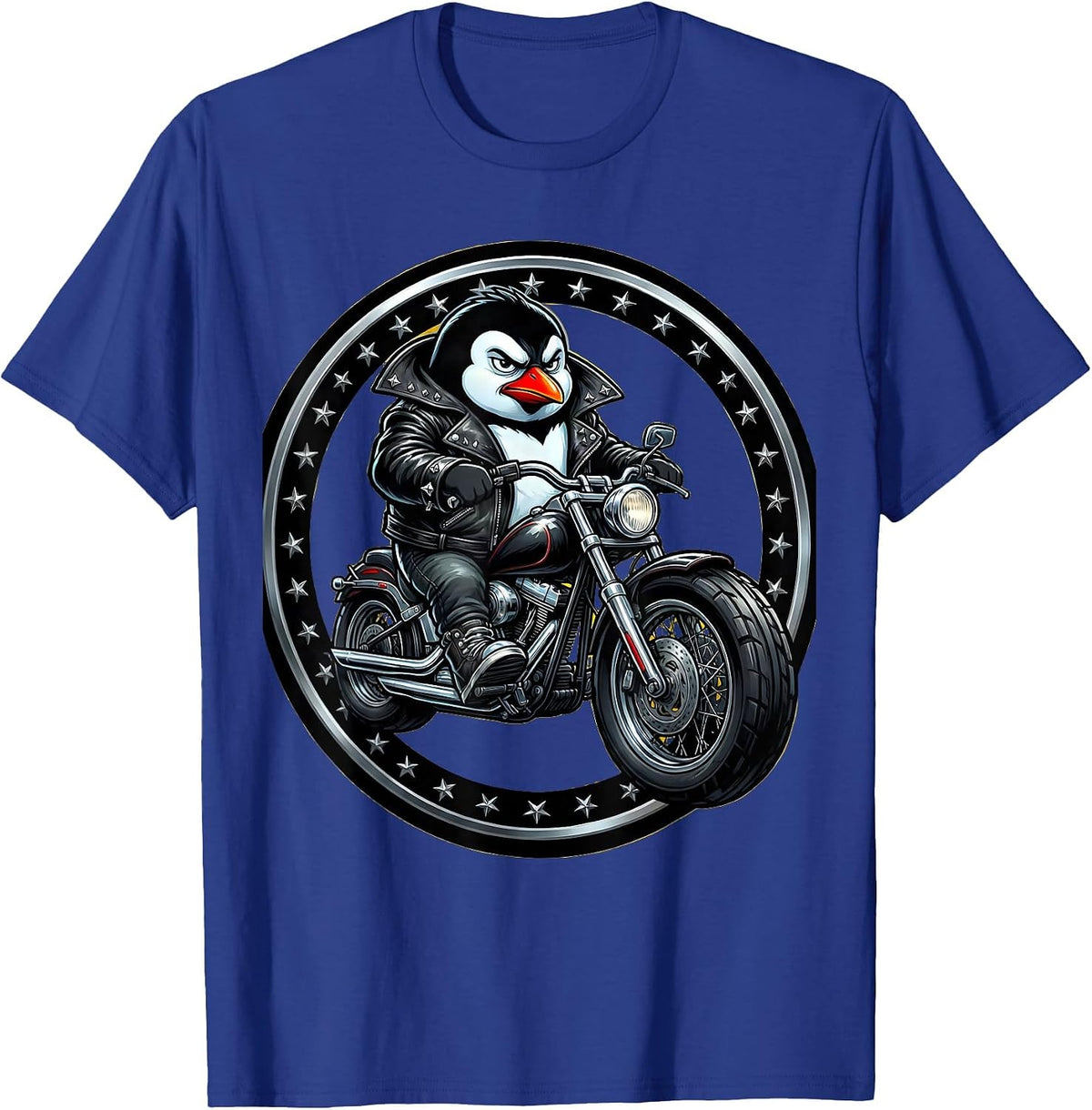 Penguin Biker Leather Jacket Motorcycle Graphic T-Shirt - Royal Blue