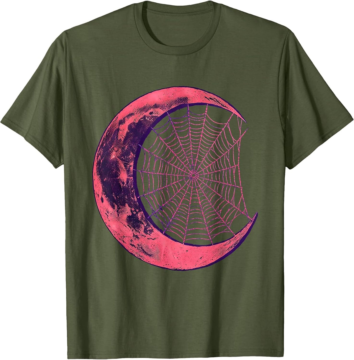 Spider Web Crescent Moon Punk Gothic Art Design T-Shirt - Olive Green
