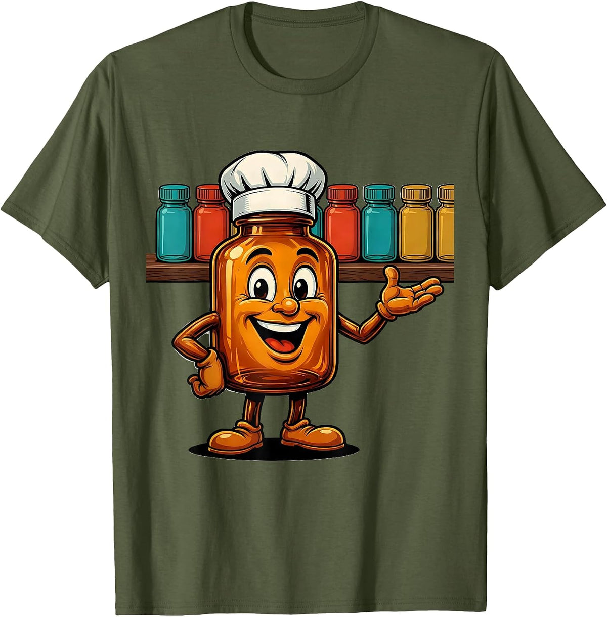 Men's Pharmacy Technician Colorful Medicine Bottles T-Shirt - Olive Green