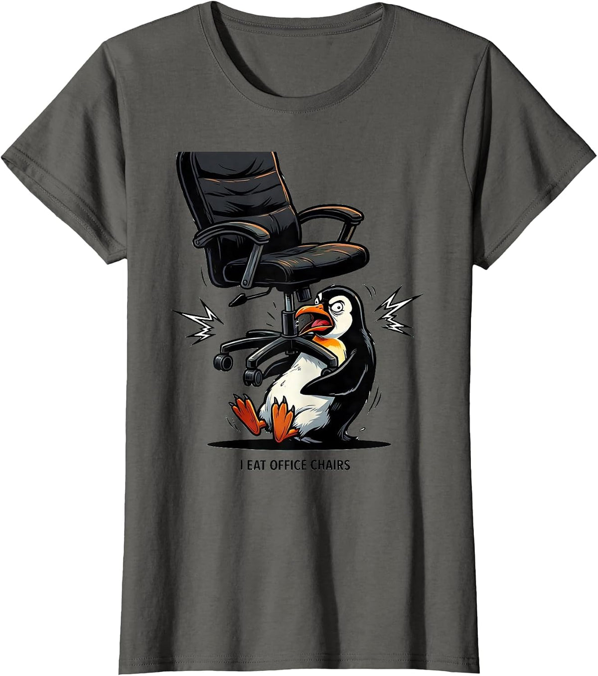 Women's I Eat Office Chairs Funny Penguin Absurdist Meme Gen Z T-Shirt - Asphalt Grey