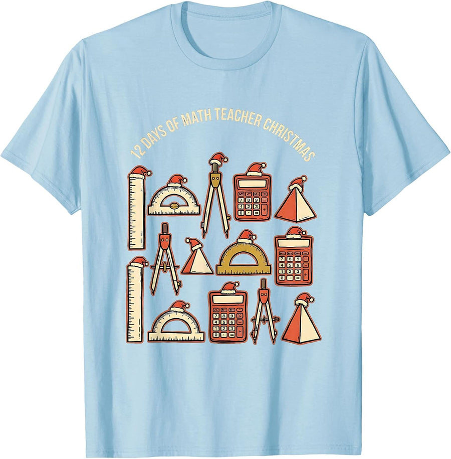 Men's 12 Days of Math Teacher Christmas Funny Math Teacher Gift T-Shirt - Baby Blue