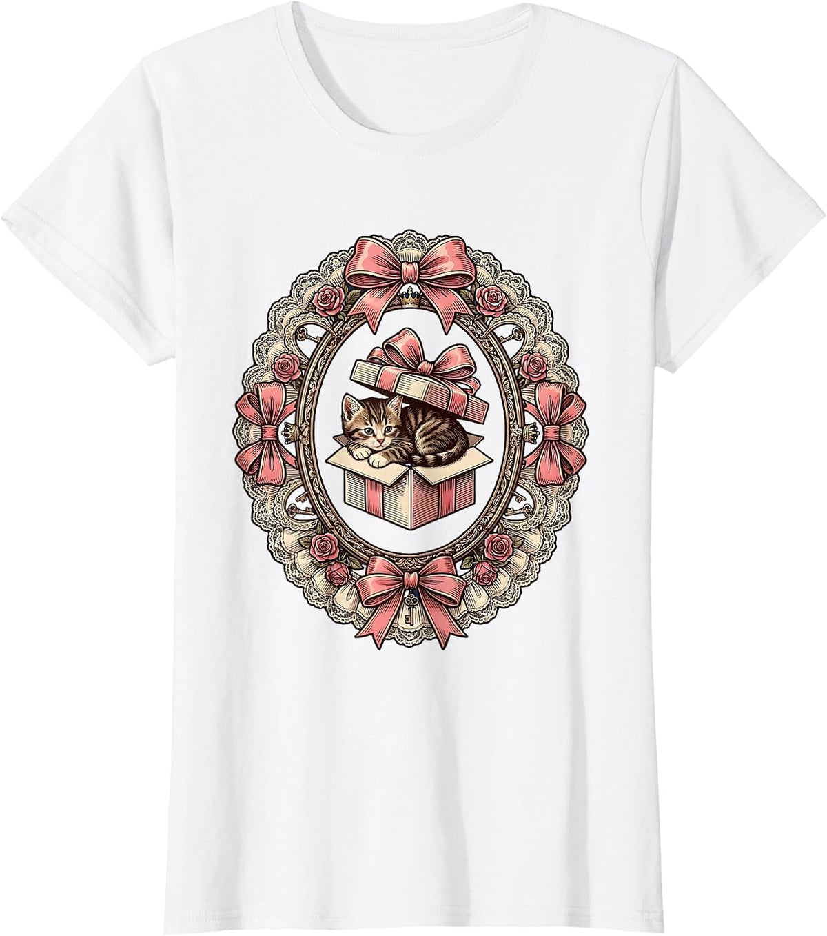 Women's Tabby Kitten Curled in Gift Box Illustration T-Shirt - White