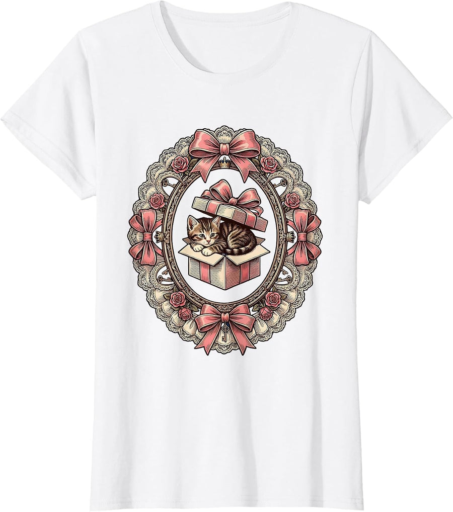 Women's Tabby Kitten Curled in Gift Box Illustration T-Shirt - White