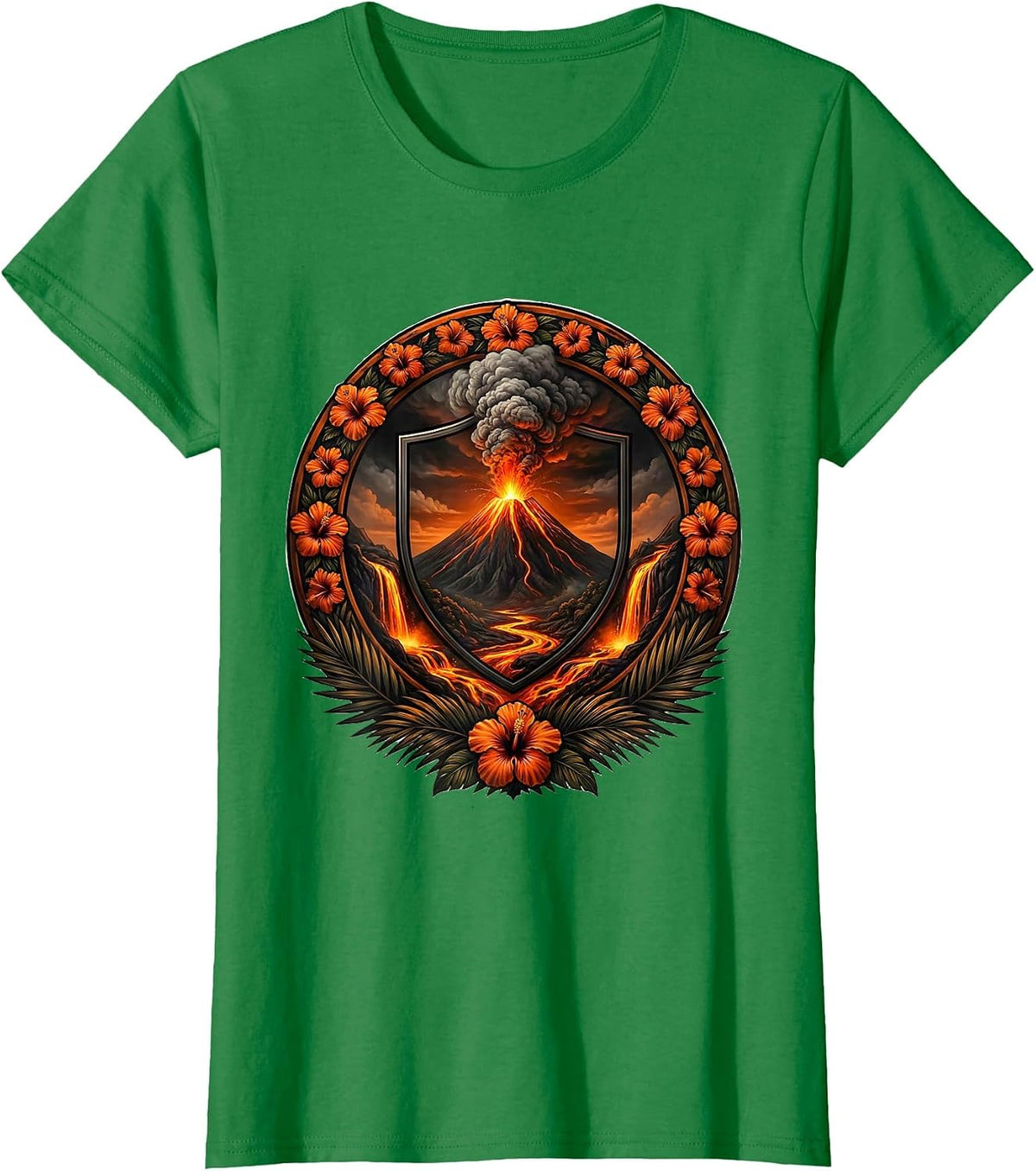 Women's Hawaiian Volcano Eruption Glowing Lava Flow Graphic T-Shirt - Kelly Green
