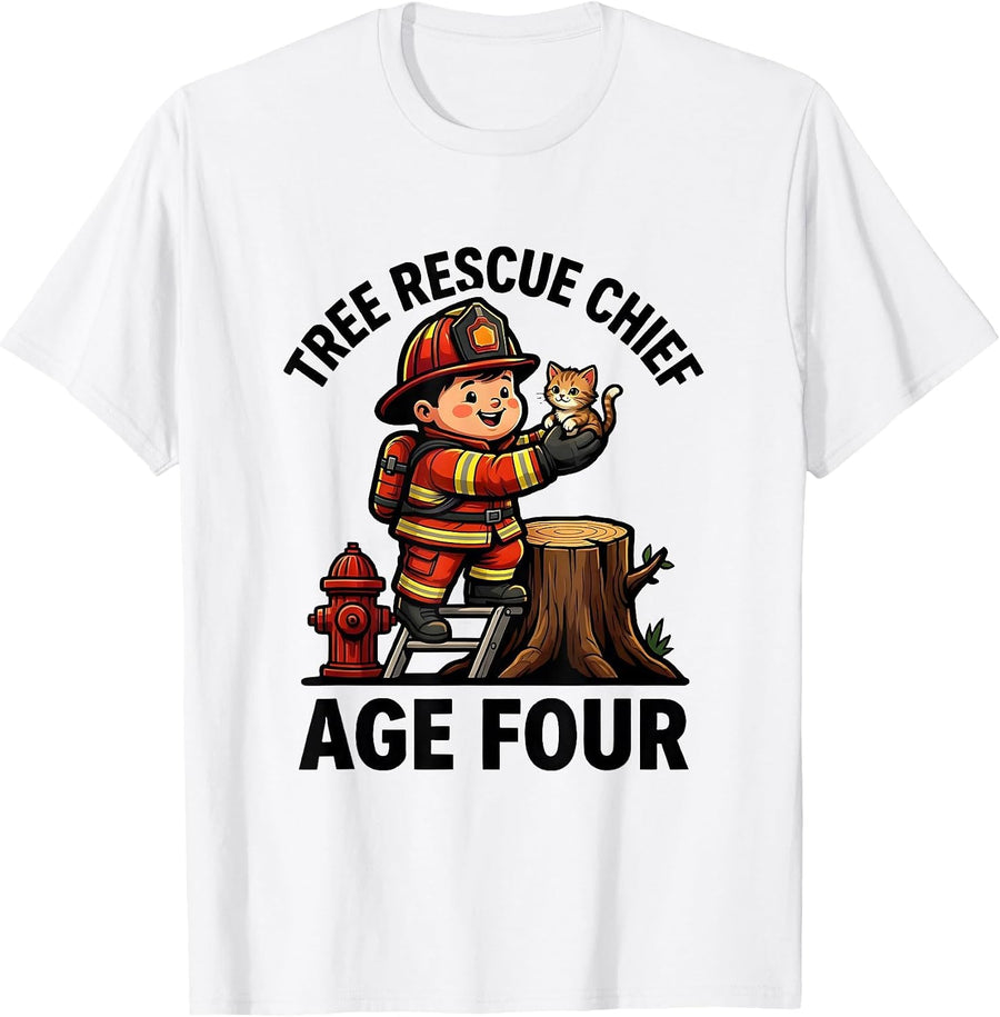 Men's Tree Rescue Chief Age Four Cute Toddler Firefighter Birthday T-Shirt - White