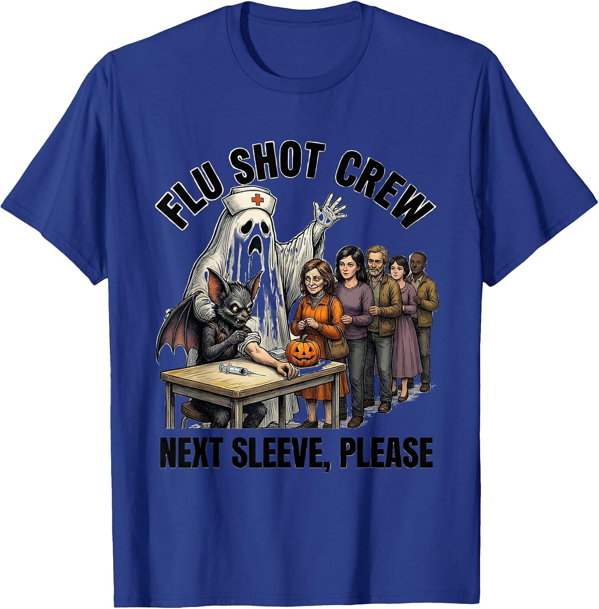Flu Shot Crew Next Sleeve Please Funny Nurse Ghost Halloween T-Shirt - Royal Blue