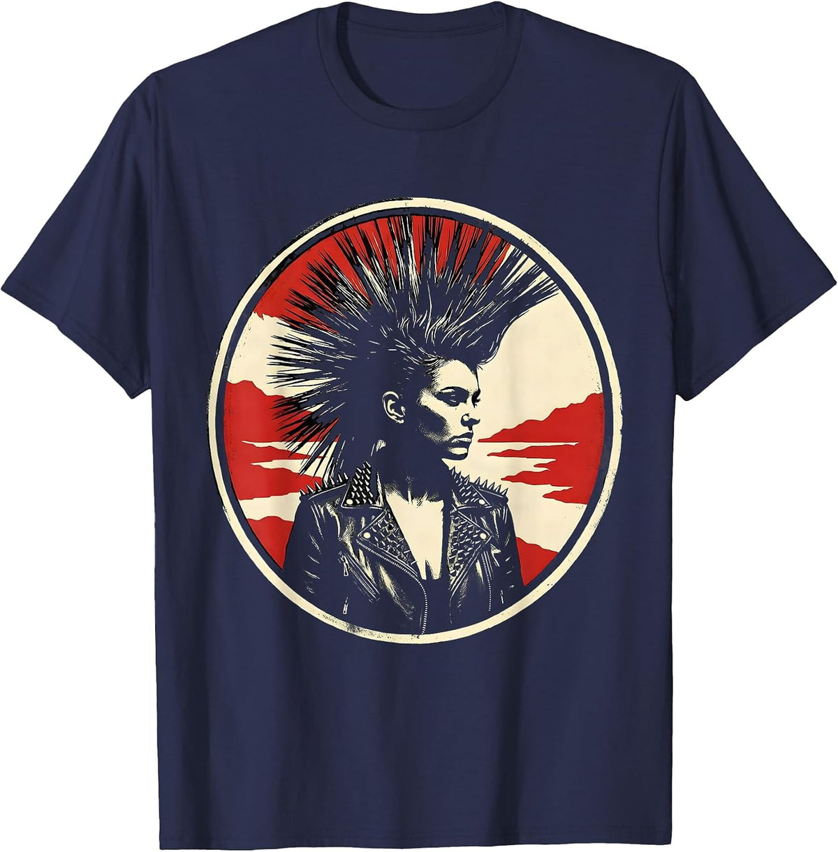 Punk Mohawk Leather Jacket Rebel Art Design T-Shirt - Navy Blue