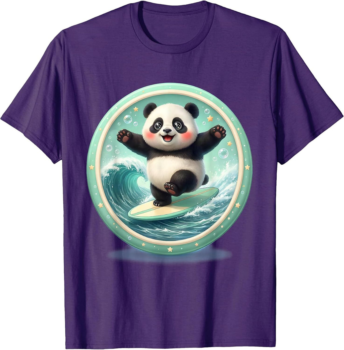 Panda Surfer Riding Massive Green Wave T-Shirt - Purple